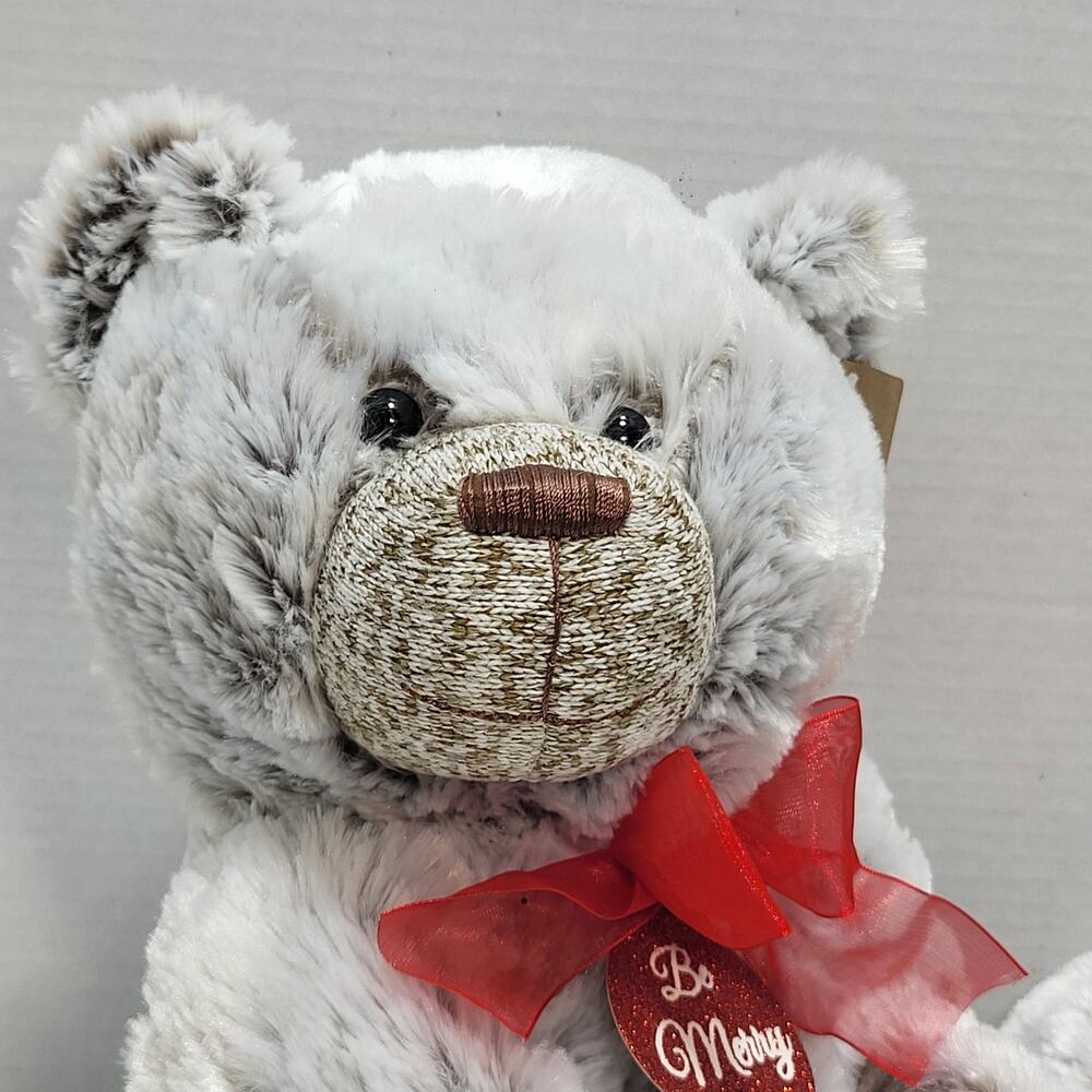 Grey Christmas Teddy Bear Plush Stuffed Soft and Cuddly Red Bow Petting‎ Zoo VTG
